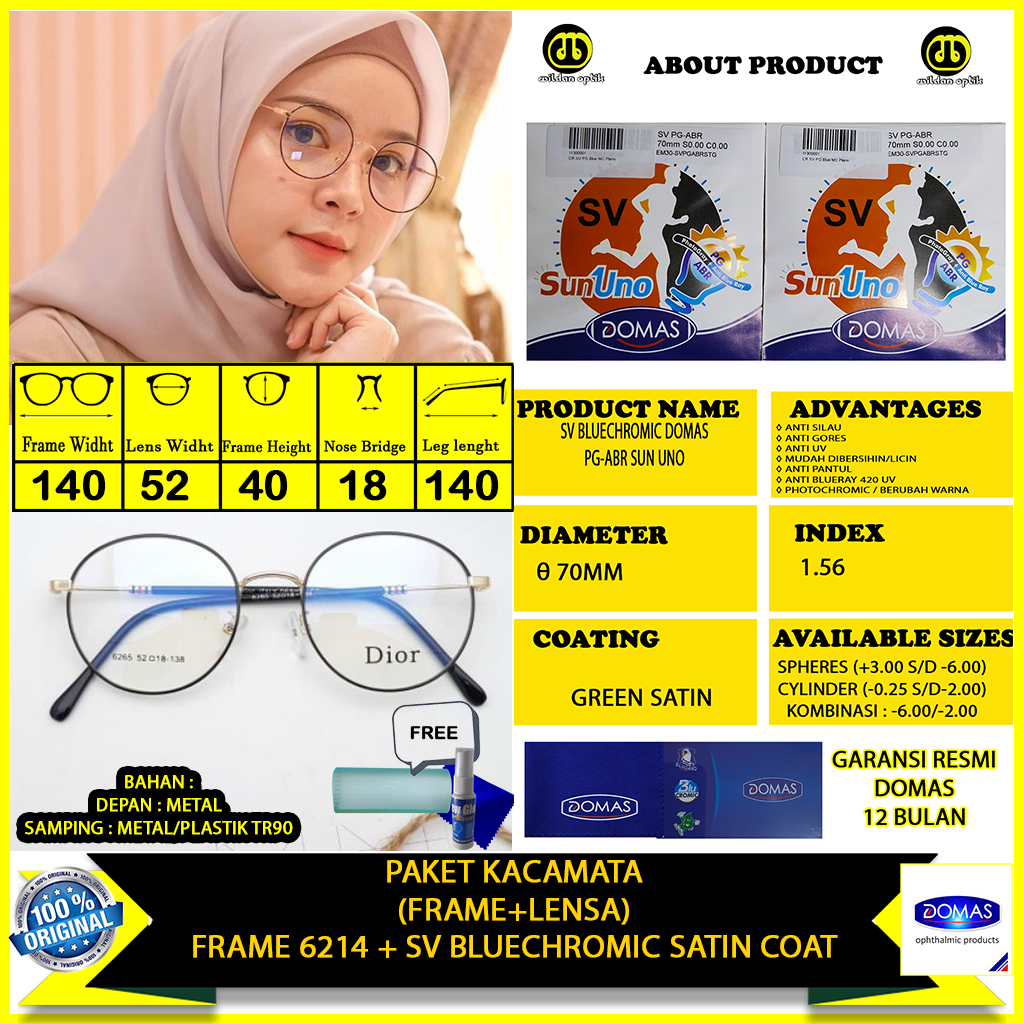 PAKET KACAMATA BLUECHROMIC SUN UNO DOMAS 6265