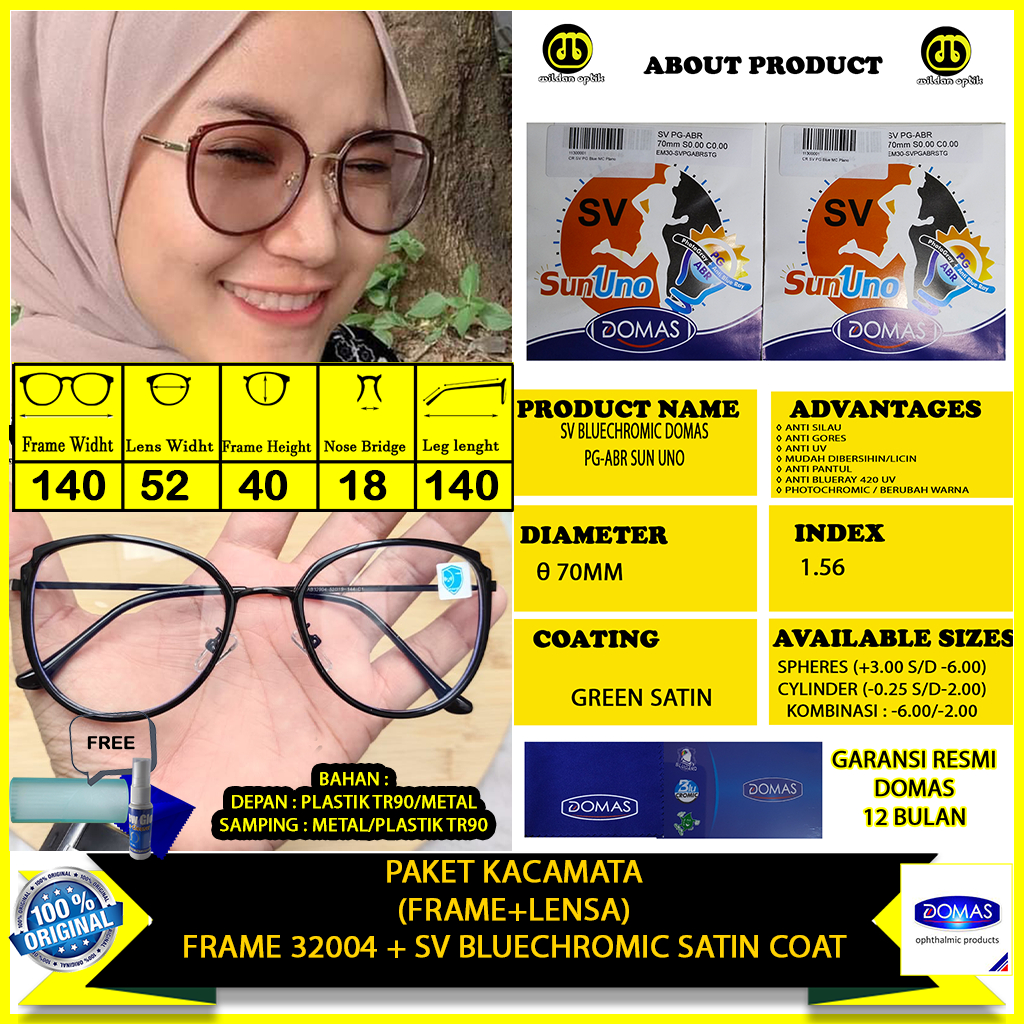 PAKET KACAMATA(FRAME+LENSA) 32004 BLUECHROMIC SUN UNO DOMAS