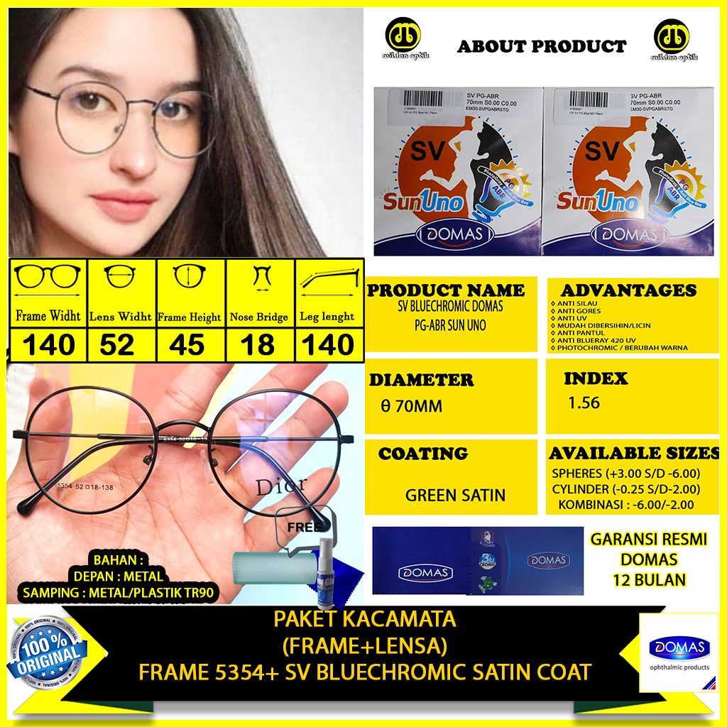 PAKET KACAMATA (FRAME+LENSA) 5354 BLUECHROMIC SUN UNO DOMAS