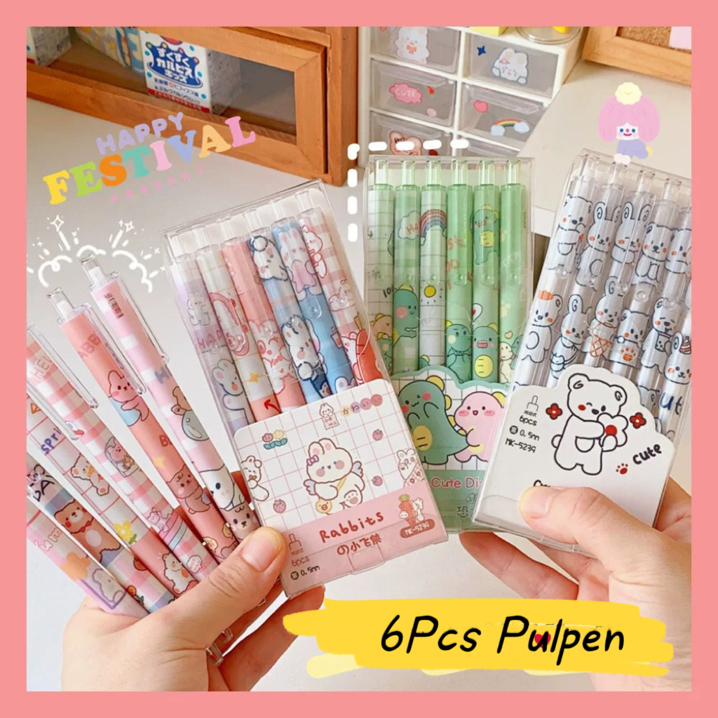 

6Pcs Pulpen Gel Aesthetic Pena Gel Mekanik 0,5mm Hitam Gel Pen Lucu Ballpoint Sekolah Ballpoint Bolpen Kreatif Cute Pen Gel Alat Tulis barang aesthetic