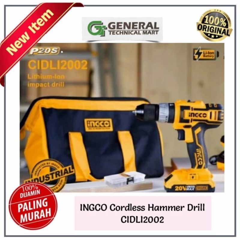 INGCO Cordless Hammer Drill CIDLI2002 BOR BATERAI BETON 10mm 20V Set