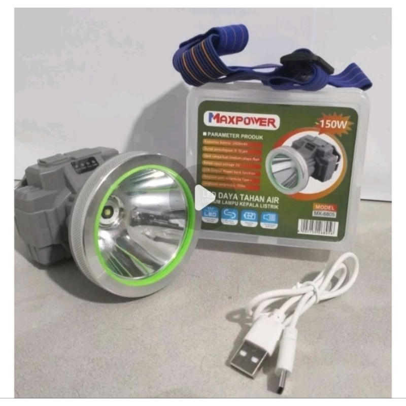 SENTER KEPALA 150 WATT MAXPOWER CAHAYA SUPER TERANG/HEADLEAM USB LED