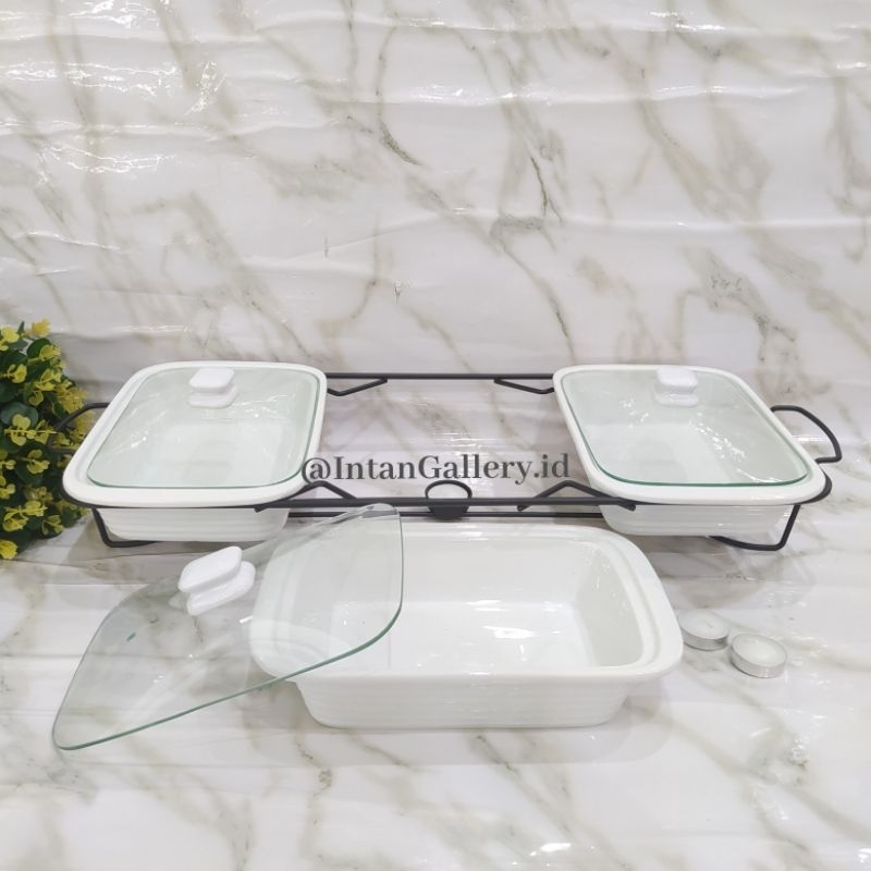 Prasmanan Keramik Polos Tutup Kaca Set 3 Pcs Homeline