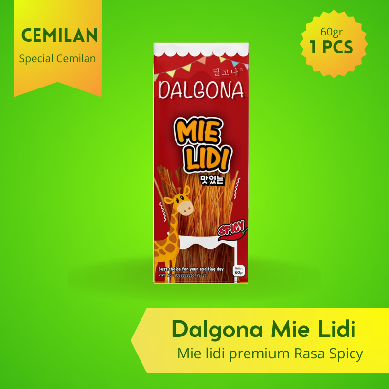 

Dalgona Mie Lidi Spicy / Cemilan Pedas Premium Asli Bandung 60gr /1 pcs Best Seller