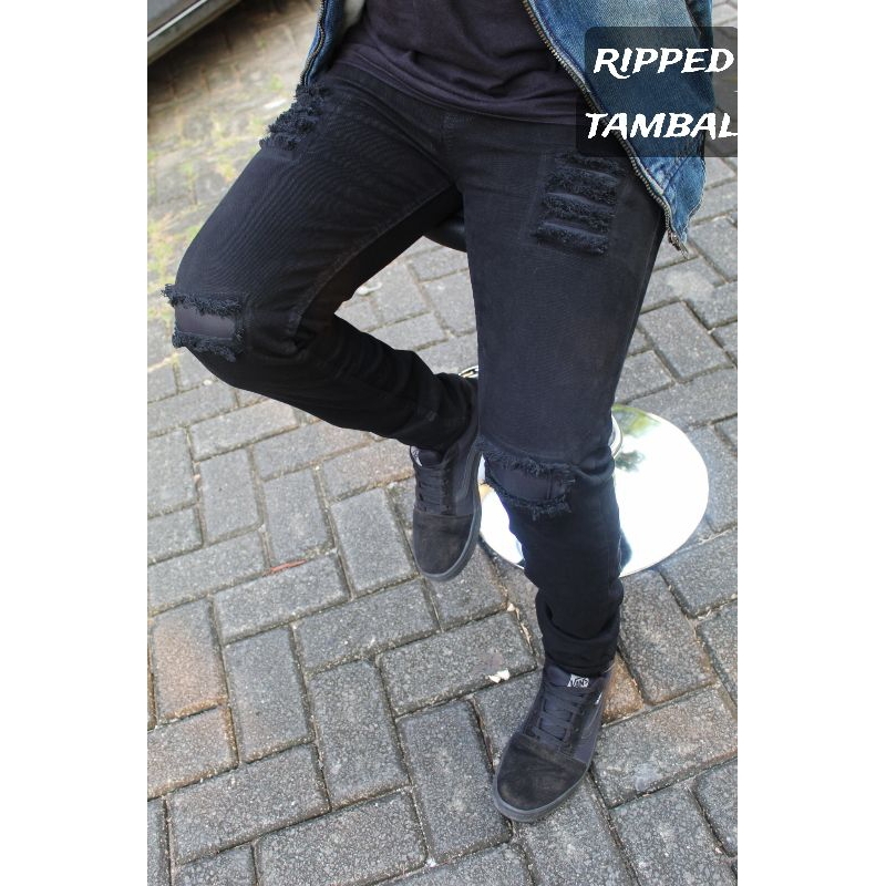 Celana Jeans Pria Sobek Tambal Slimfit / Celana robek robek pakai lapisan