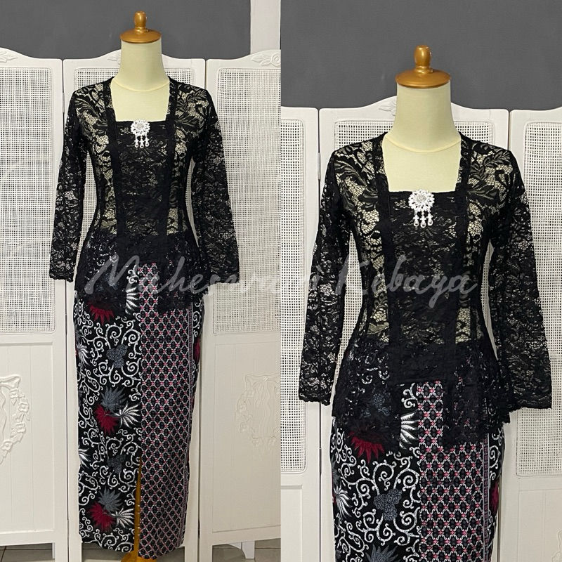 Kebaya Bali Set Brukat Panjang Hitam Rok Silver