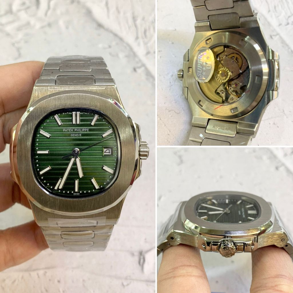 KERATON JAM TANGAN PRIA PATEK PHILIPPE NAUTILUS SILVER PLAT HIJAU AUTOMATIC JAPAN MOVEMENT DIAMETER 