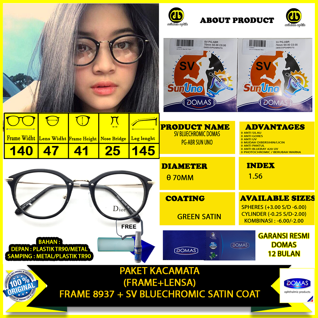 KACAMATA(FRAME+LENSA) D8937 BLUECHROMIC SUN UNO DOMAS
