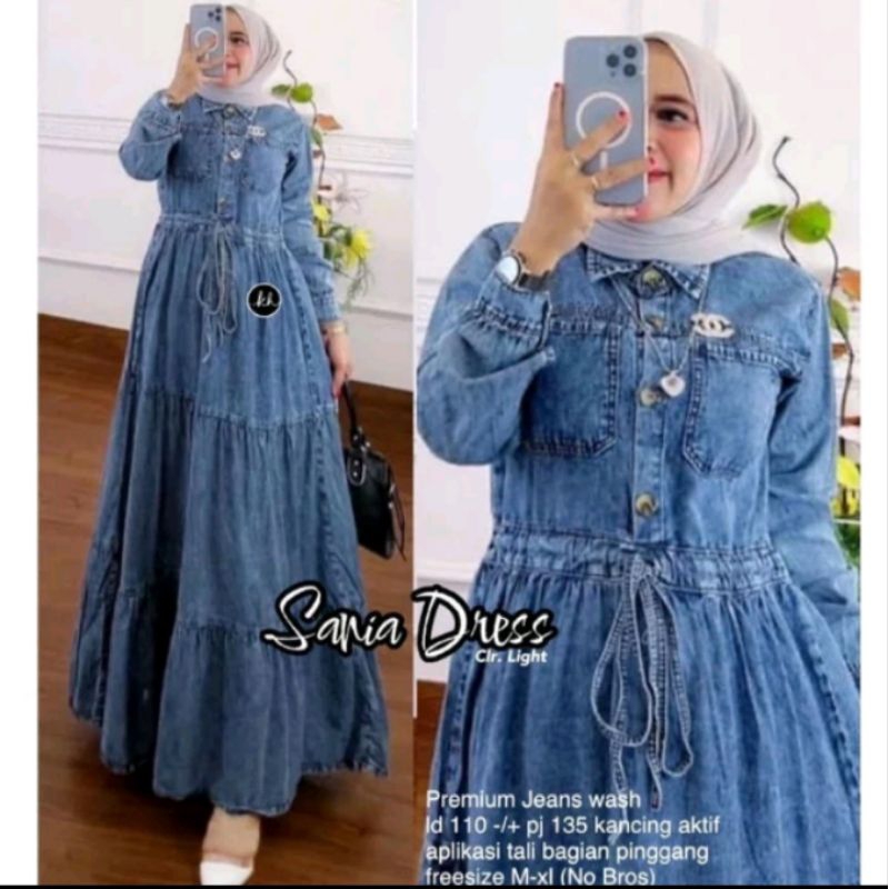 Lv - Gamis Jeans Jumbo Saria Dress Jeans Wanita Jumbo Ld 110 Gamis Jeans Susun Tali