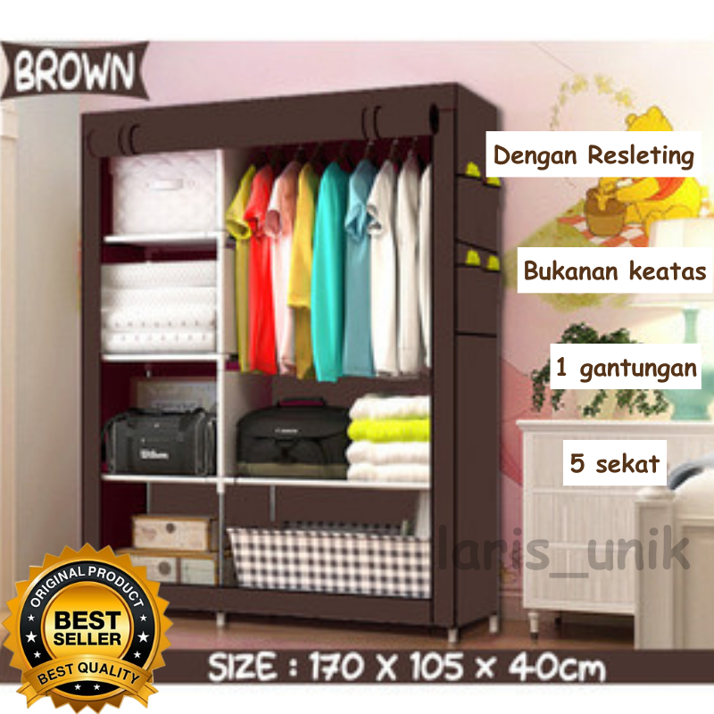 COD 105NT Lemari Kain Baju Rak DenganTutup Reseliting Plastik Portable 2 Sisi Bukaan Keatas Coklat