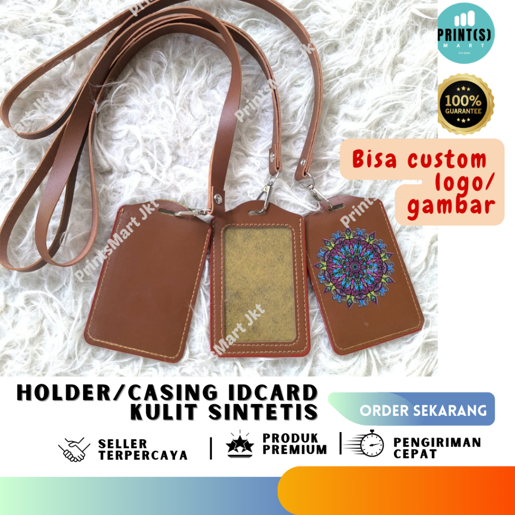 Cetak Card Holder Casing Kulit Sintetis plus Lanyard Tali ID Card, Custom