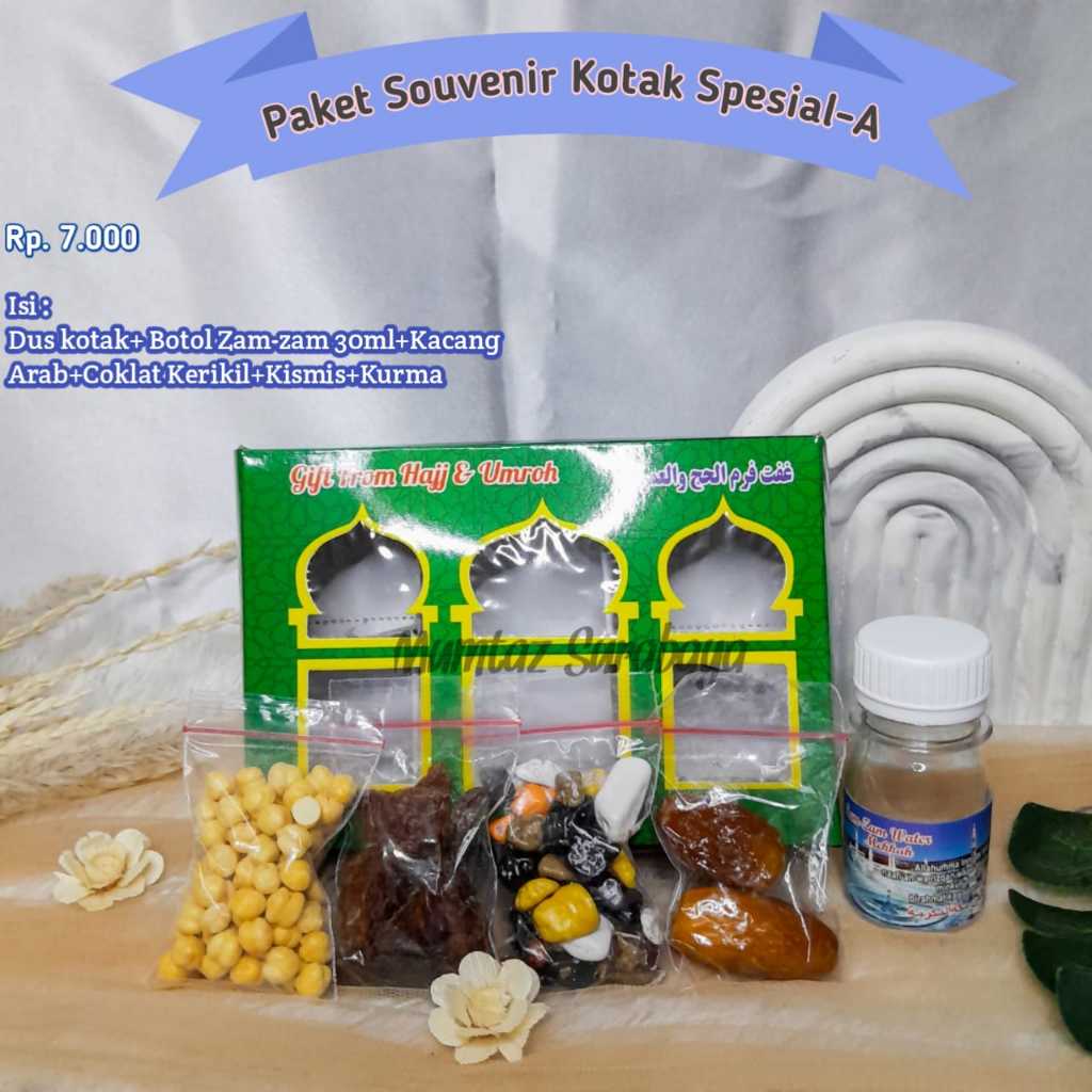 

PAKET SOUVENIR KOTAK SPESIAL OLEH-OLEH HAJI & UMROH Kemasan Kardus Isi Air Zam-zam 30 ml Kurma,Kacang Arab,Kismis,Cokelat Kerikil,Tasbih Kayu 33