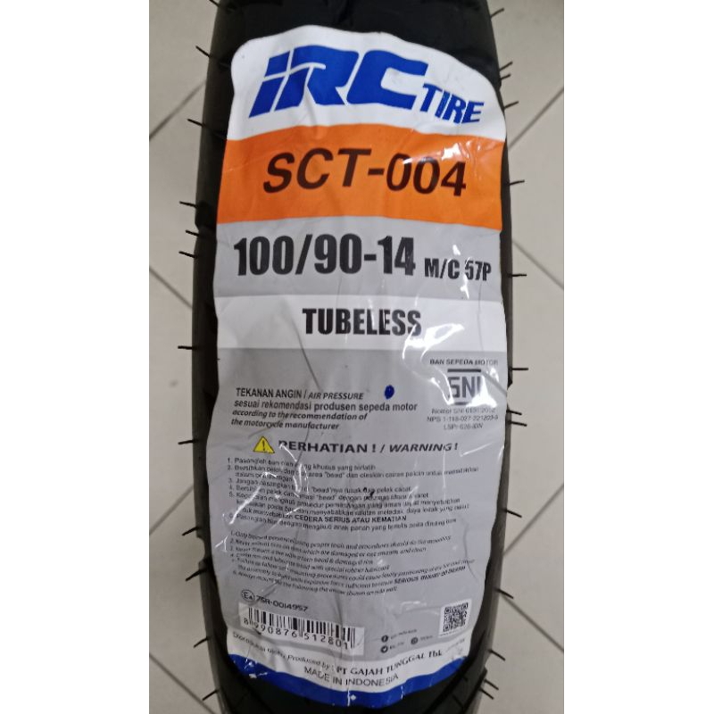 Ban IRC 100% original, Tubeless, ukuran 100/90 14 SCT 004,untuk Belakang lexi+PENTIL TUBELESS