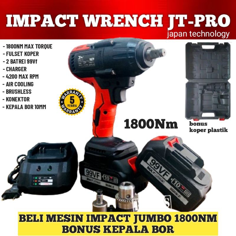 Impact wrench JT PRO JUMBO 1800NM 99Vf 1/2inch 2batrei fullset mesin pembuka baut ban roda truck mob