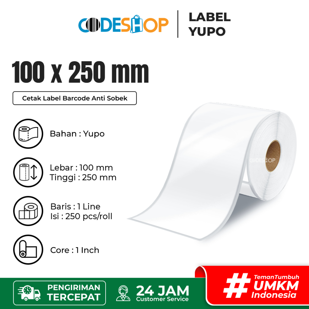 

Label Stiker Yupo 100x250mm / 100x250 / 100 x 250 mm 1 Line 250 Pcs