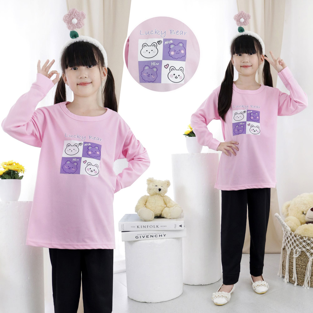 Setelan Anak Tunik Lengan Panjang Motif Luck Bear Umur 3-11 Tahun