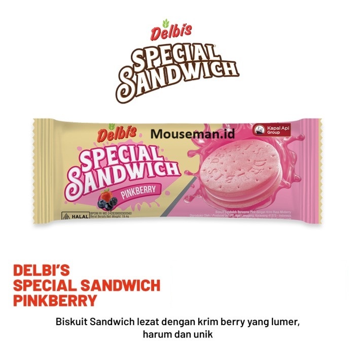

Delbis SPECIAL SANDWICH Wafer Biskuit Sandwich Berwarna Pink dengan Krim Rasa Mixberry PINKBERRY 19gr