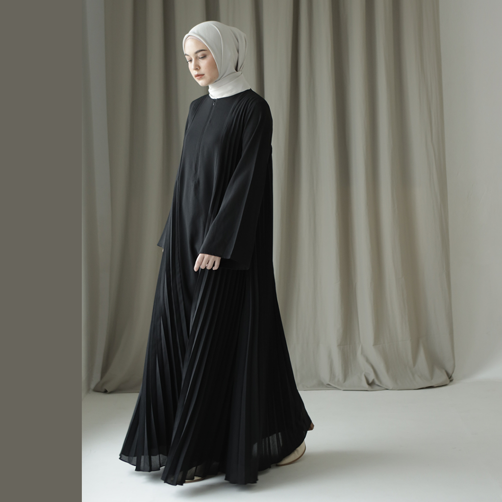 Asvari by Aska Label - Gamis wanita plisket, dress pleats lengan panjang warna ungu muda, abu tua, h