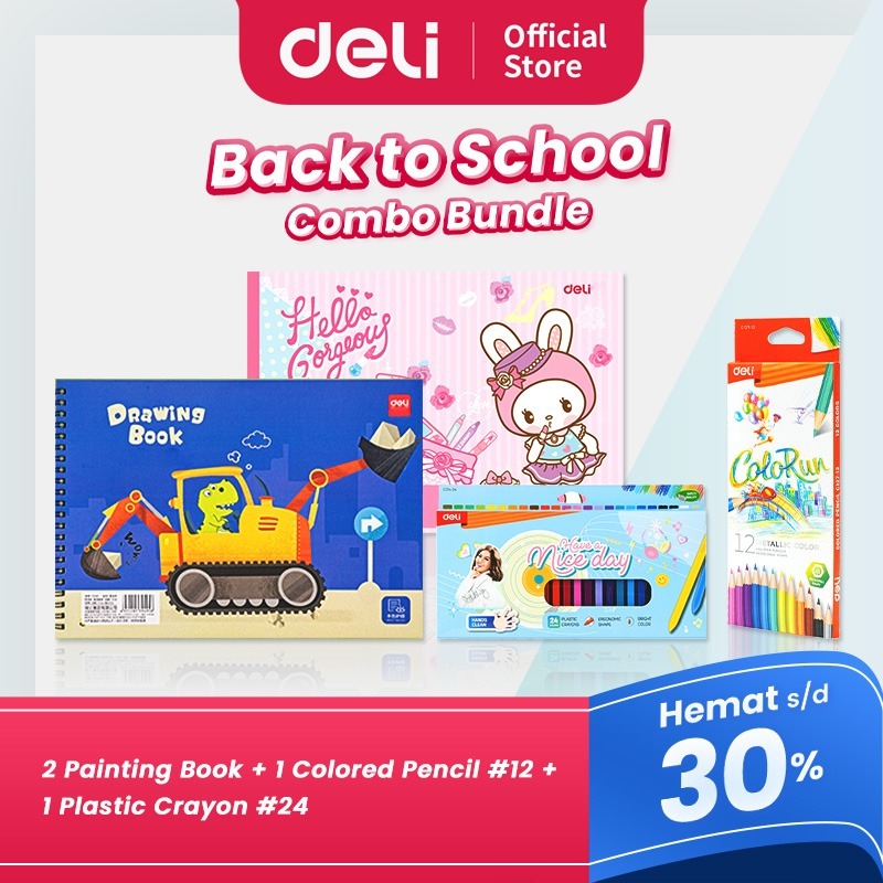 

DELI "BACK TO SCHOOL" BUNDLE - 2 Painting Book, 1 Colored Pencil #12, 1 Plastic Crayon #24
