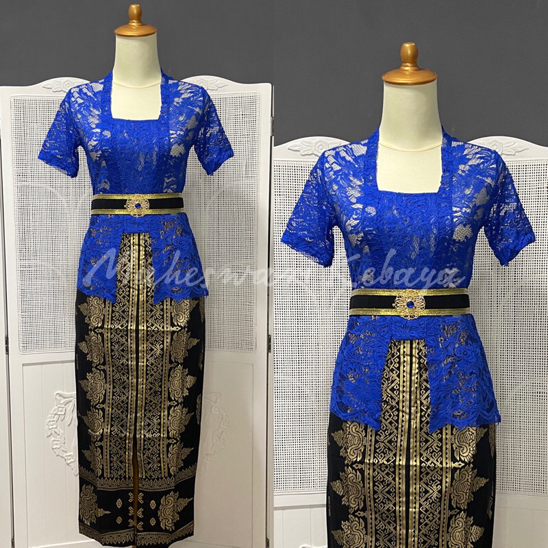 Kebaya Bali Set Brukat Pendek Biru Elektrik