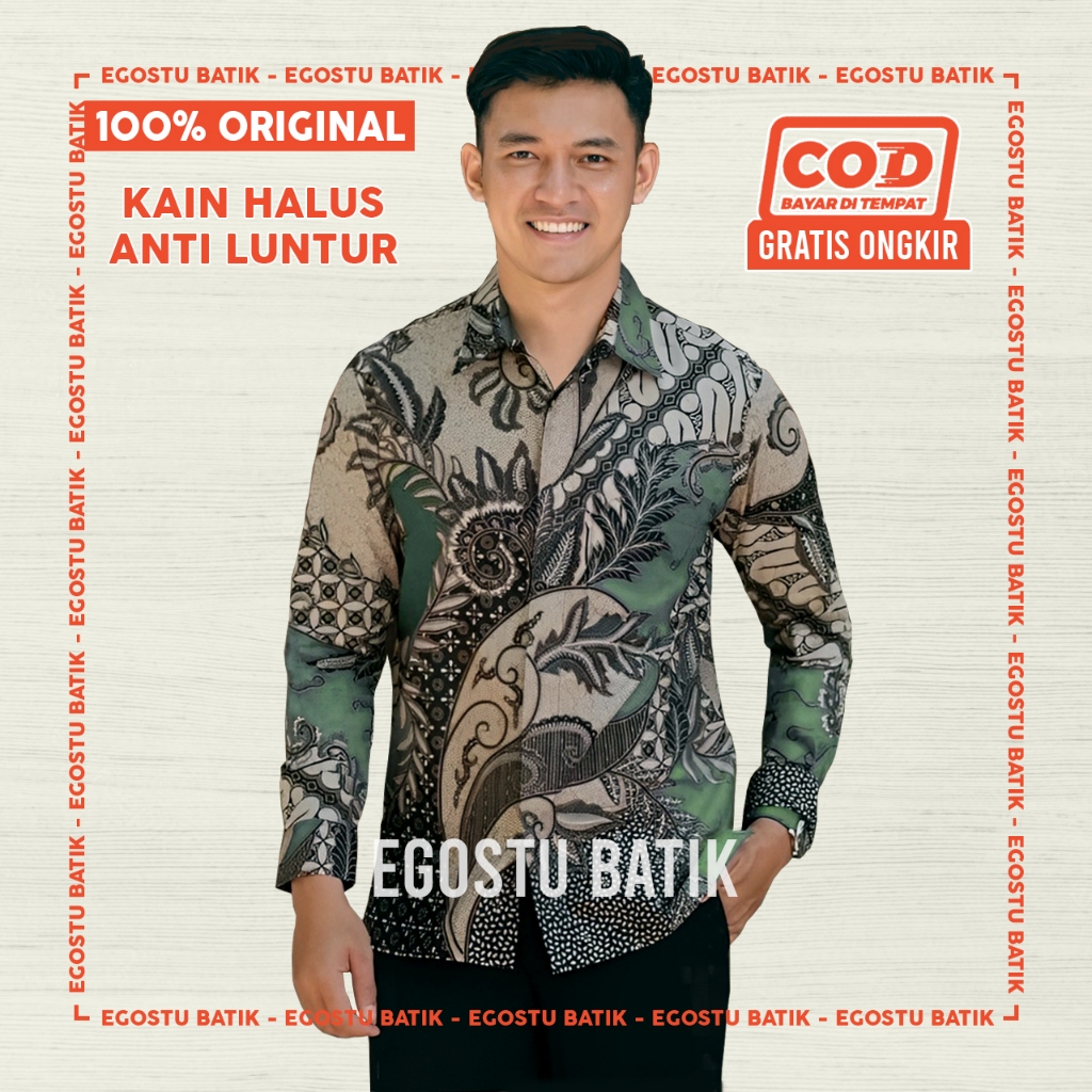 EGOSTU BATIK Kemeja Lengan Panjang Batik Pria Dewasa Batik Warna Hijau Sage Batik Sage M-L-XL-XXL