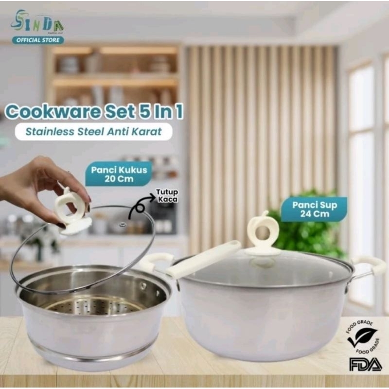 PANCI SET SINDA 5IN1 panci set serbaguna panci set anti karat panci set tutup kaca panci set gagang