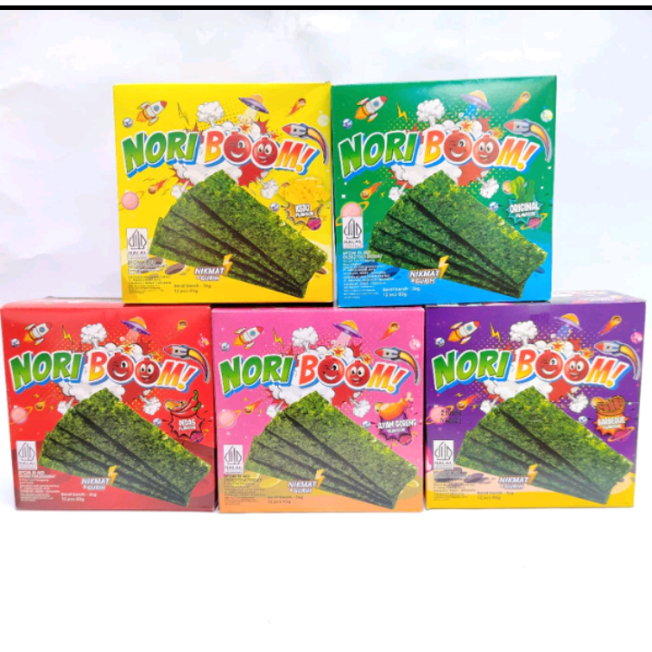 

nori boom rumput laut box isi 12pcs x 3gr sn original keju ayam goreng bbq pedas