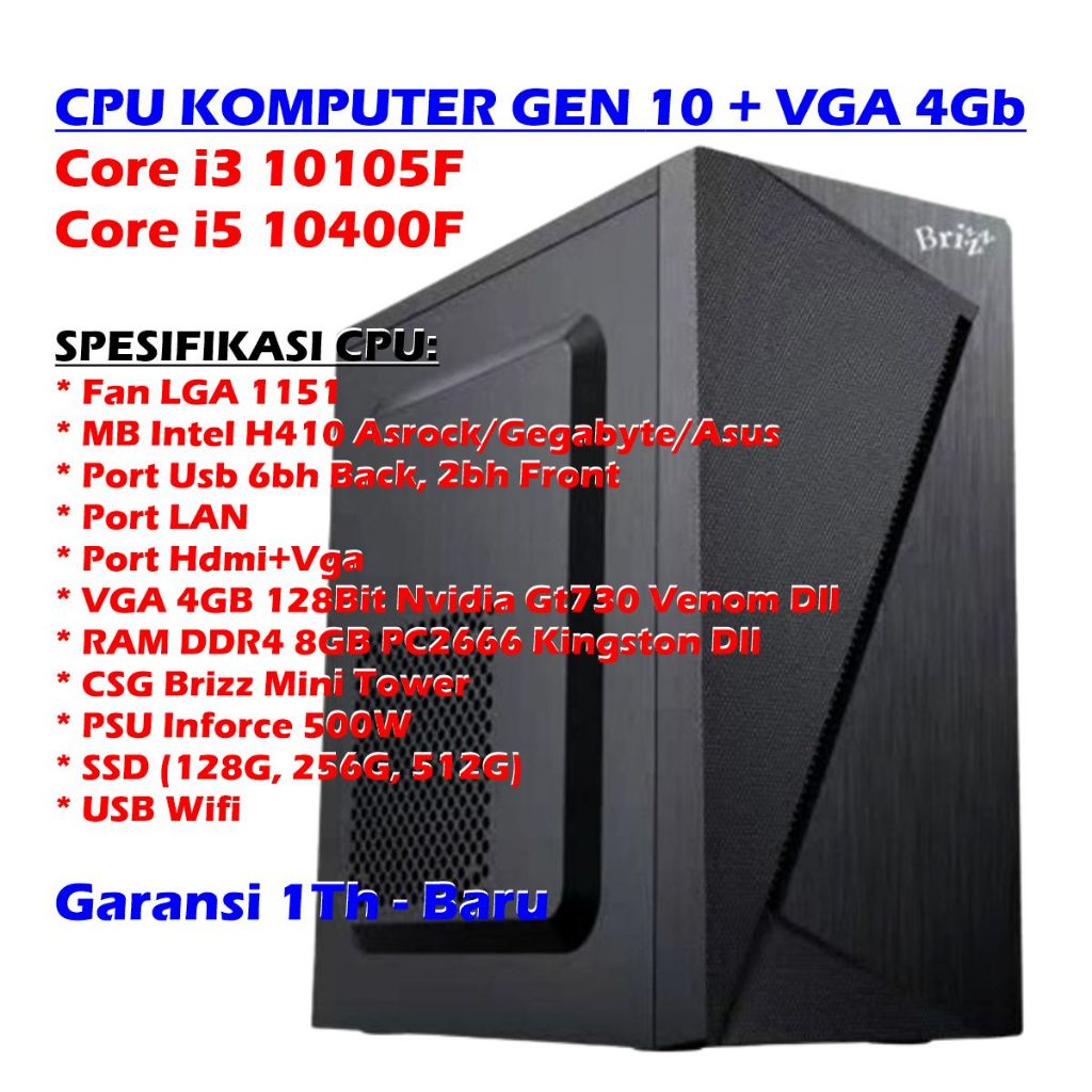 CPU KOMPUTER KANTOR INTER GEN 10 - CPU CORE I3-10105F  GEN 10 - CPU CORE I5-10400F GEN 10 – RAM 8GB,