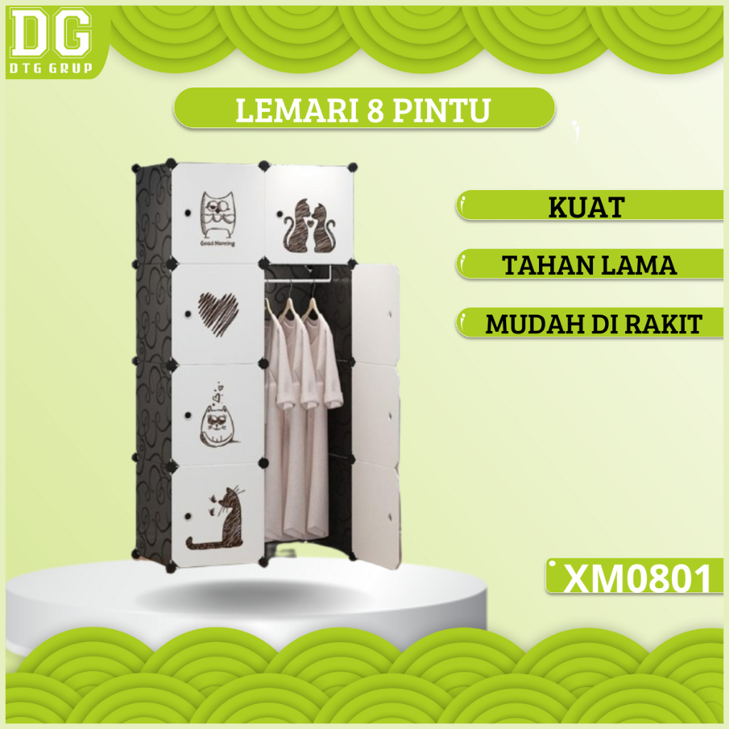 Lemari Pakaian 8 Pintu + Gantungan Baju Lemari Plastik Portable Lemari Pakaian Motif Karakter
