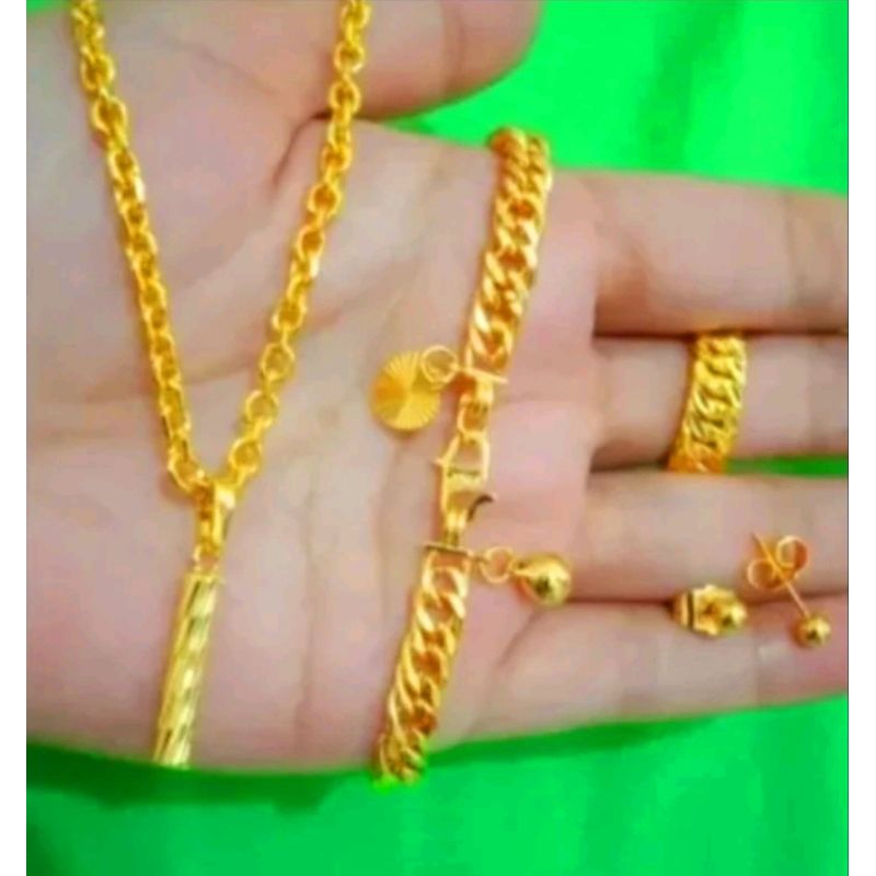 set perhiasan wanita kalung nuri liontin bambu gelang rantai cincin rantai dan anting titanium gold