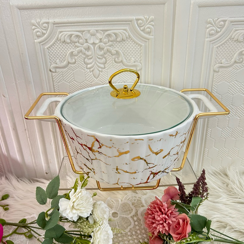 Wadah Saji Basi Keramik Bulat Set Motif Marble Fiorenza MP-712C - Putih