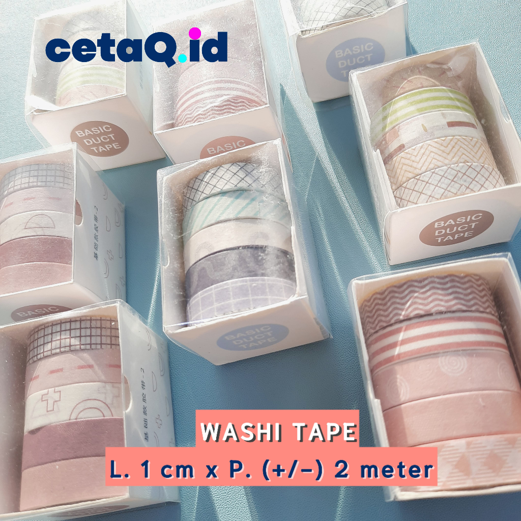 

[HARGA PER 1 ROLL / PER 1 KOTAK ISI 5 PCS - MOTIF RANDOM] Washi Tape Roll Masking Tape Set Essential Collection Basic Pattern / Selotip Bahan Kertas Washi Warna / Selotip Jurnal Diary
