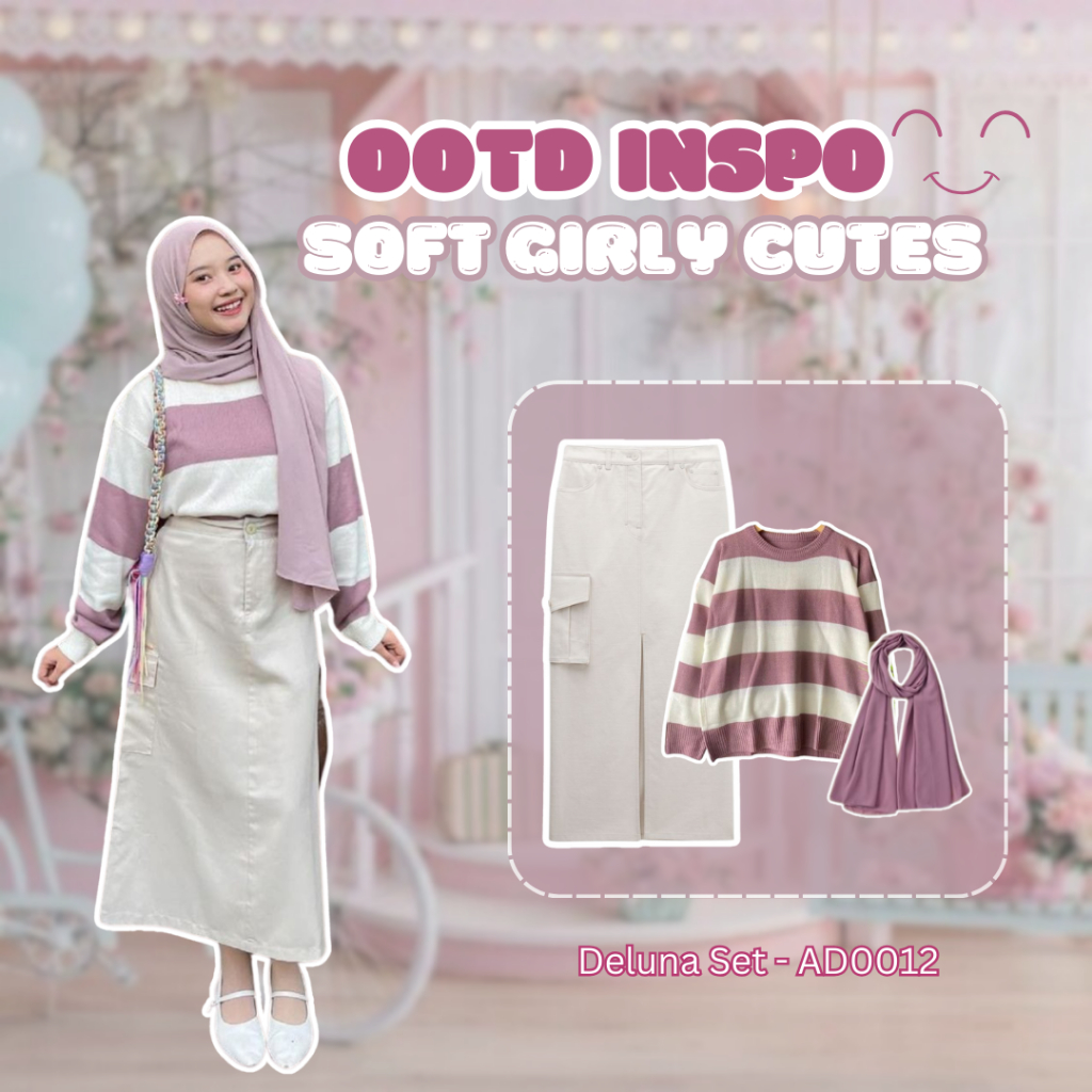 3 in 1 Set AD0012 OOTD Soft Girly Purple Hijaber Style Cocok Buat Daily Outfit Sweater Strip Nila Ro