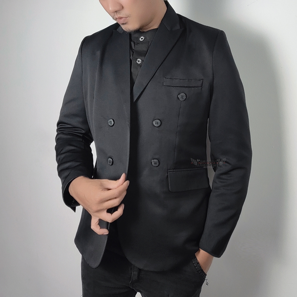 jas cowok blazer pria tuxedo abu tua dan hitam semiwool double breasted slimfit