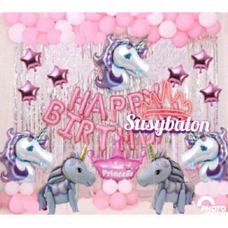 Paket Set Balon Foil Karakter Unicorn Happy Birthday/ Set Happy Birthday Pink Ultah Anak Unicorn Pon