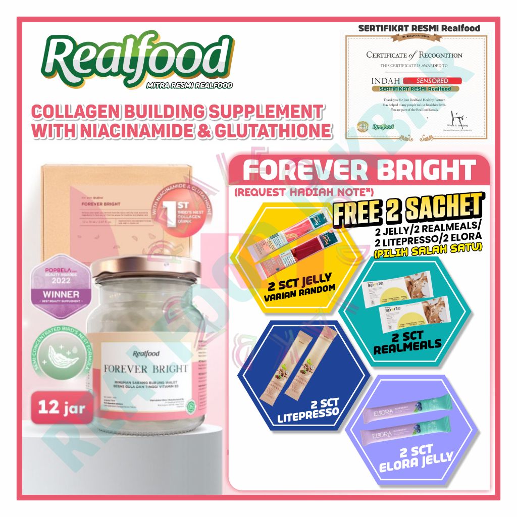 

REALFOOD FOREVER BRIGHT 12 JAR BONUS 2 SACHET MINUMAN SARANG WALET - REALFOOD INDONESIA