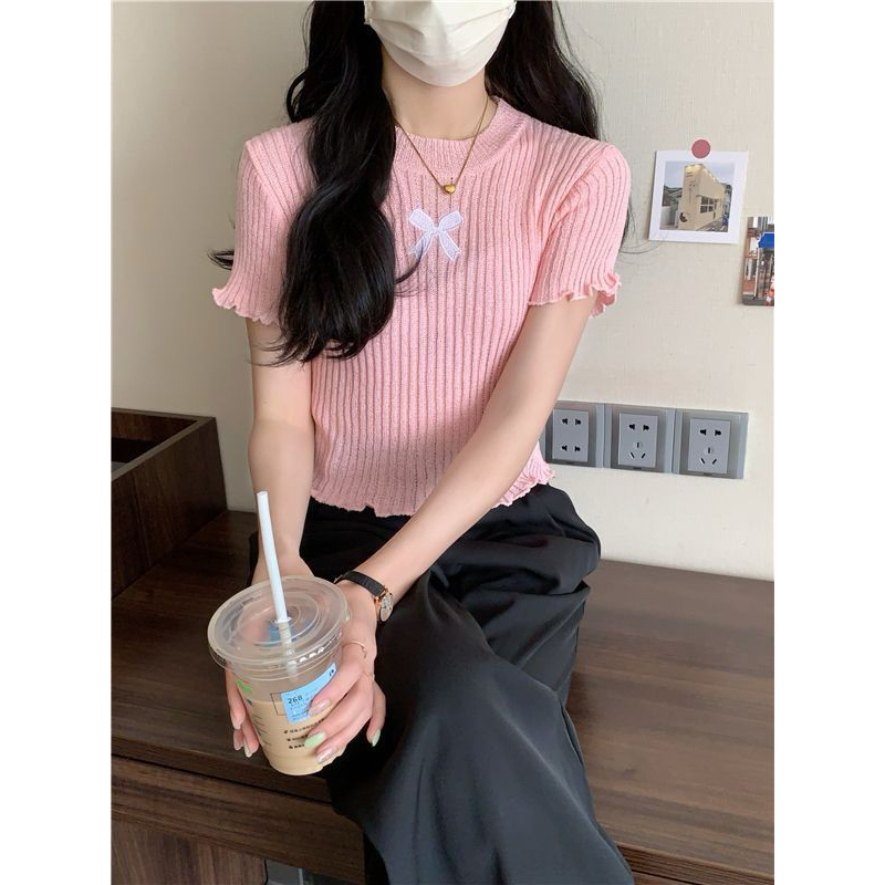 KOKO - Atasan Pendek Crop Rajut Kerah Bulat Bordir Pita Wanita Cewek