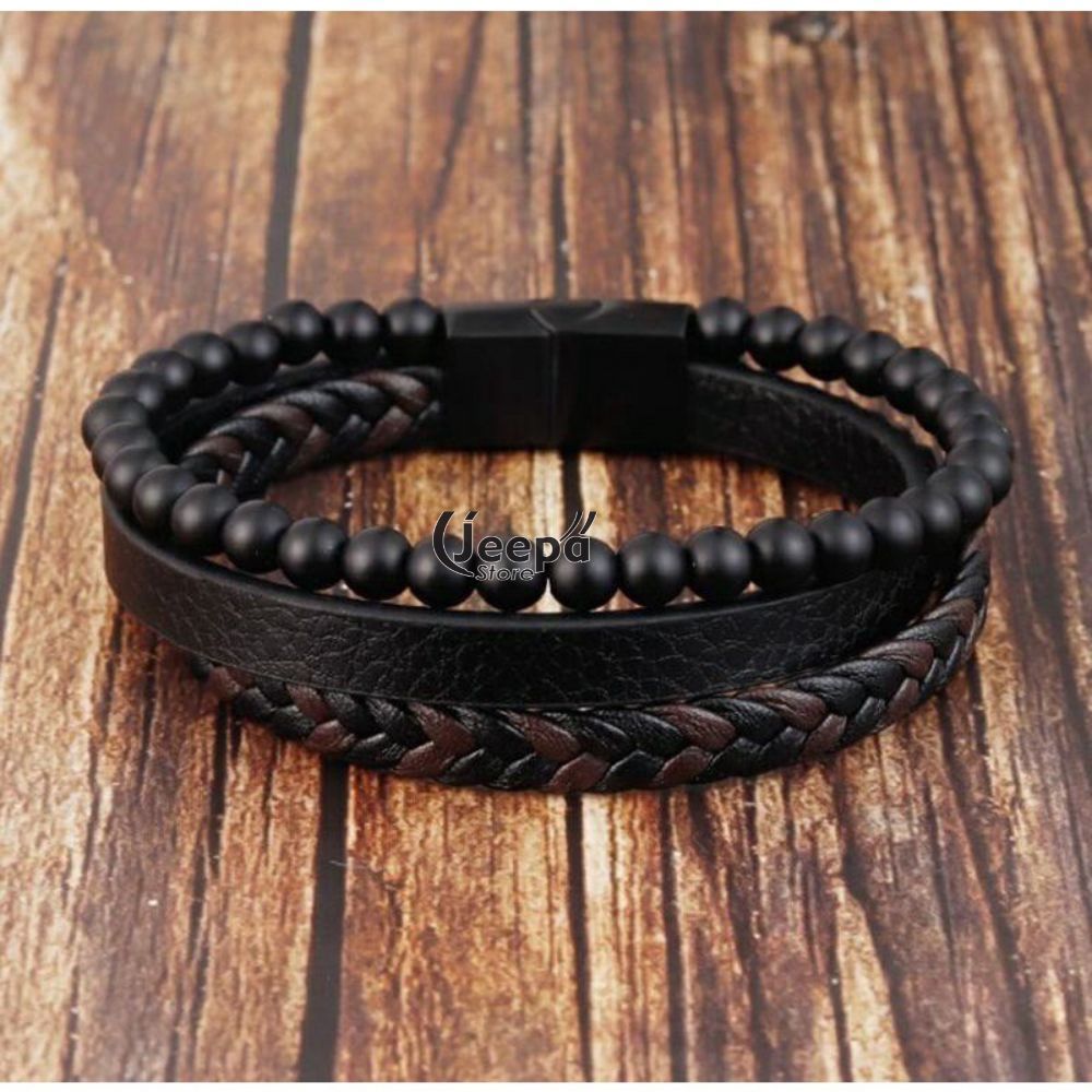 Gelang Kulit Pria Cokelat Natural Stone Magnetic Buckle Wristband Bracelet Men