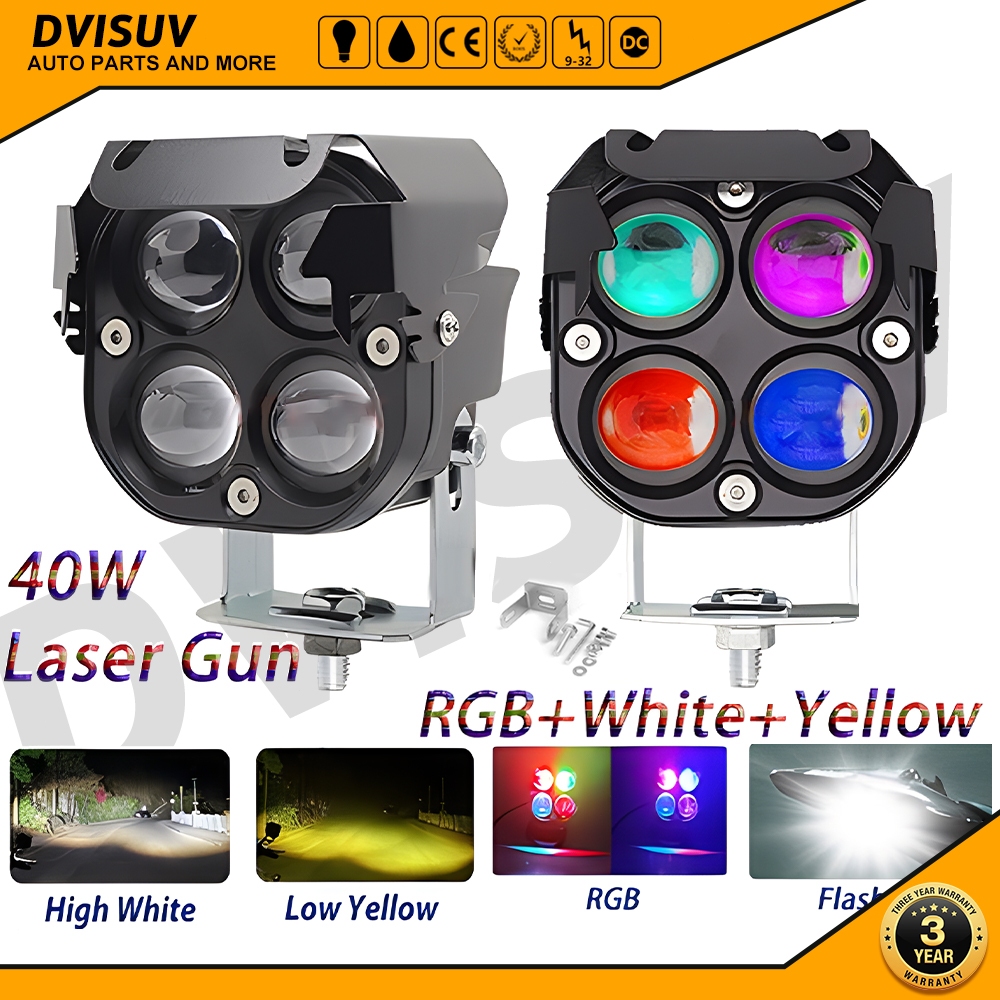 DVISUV 2 Buah D2 Senapan Laser Lampu Kabut RGB Putih & Kuning untuk Mobil Sepeda Motor LED 80W Lampu