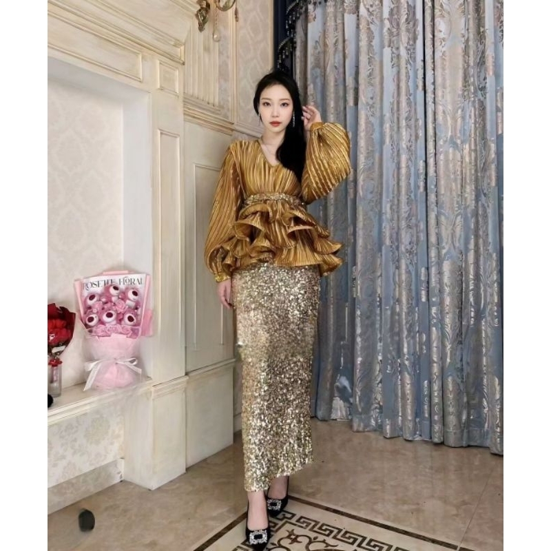 dress gold emas top long sleeve skirt glitter gaun rok blink bling ruffle set party akad lamaran eve