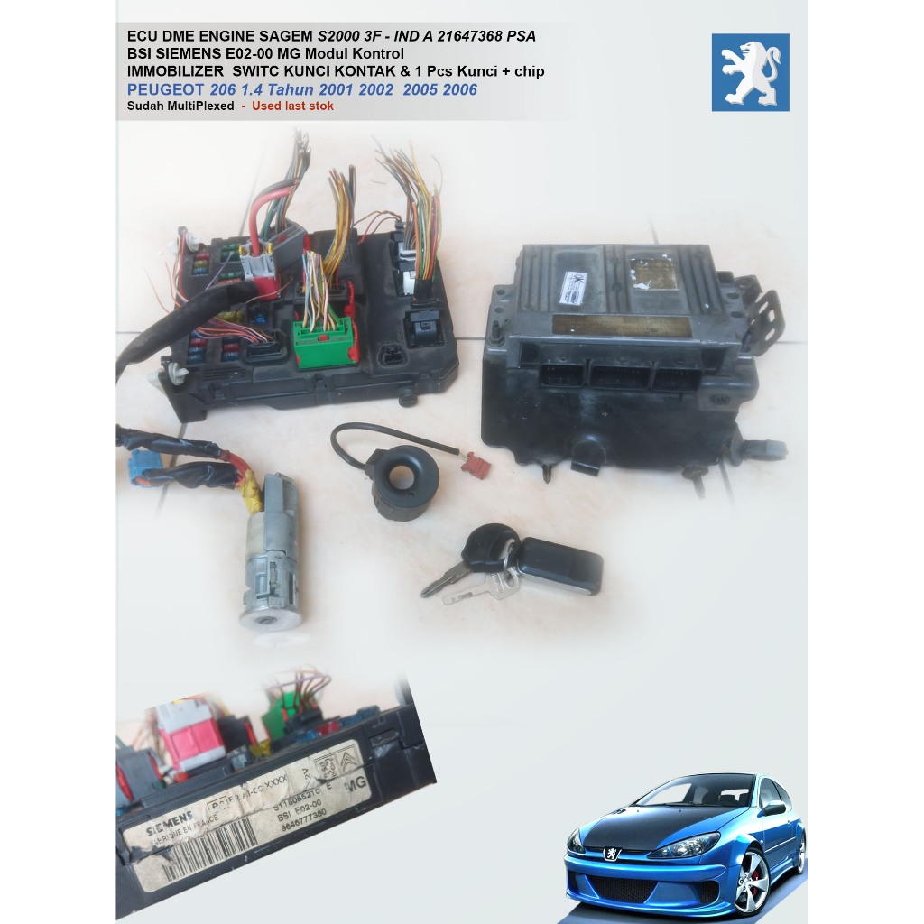 ECU SAGEM dan BSI PEUGEOT 206 1.4 1.6 XT XS MULTIPLEX lengkap IMO SWITC KUNCI KONTAK