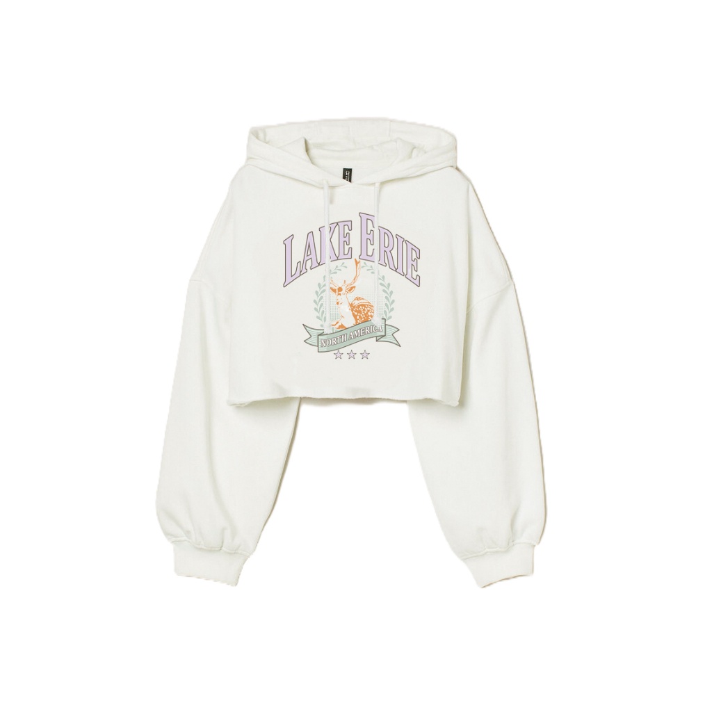 KODE E58Z Hoodie Crop HM Lake Erie Broken White Original Sweater Crop Wanita Putih