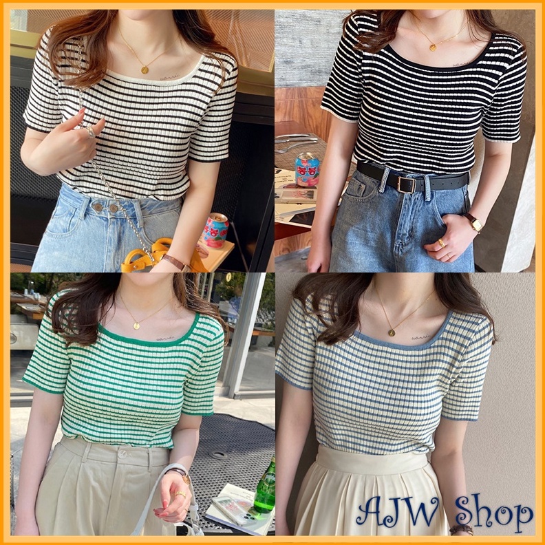 PRODUK UNGGULAN AJW Rajut Stripe Wanita Lengan Pendek Salur Garis Garis HAC  Kaos Pendek Wanita  Kao