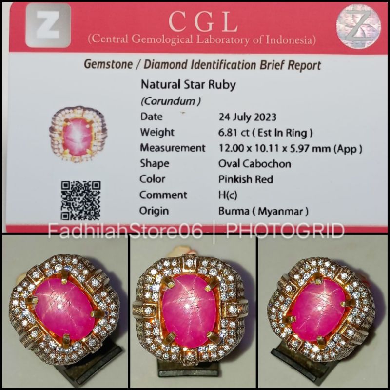 Cincin Perak Natural Pinkish Red Star Ruby Burma Oval Cabochon + Memo Lab