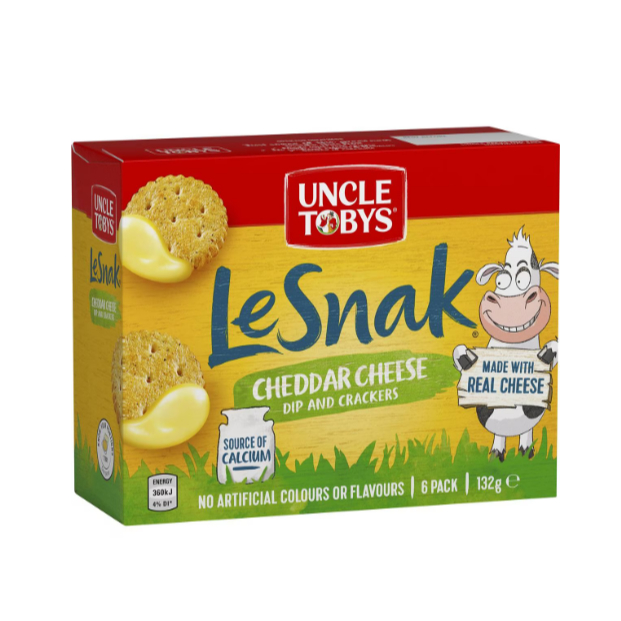 

Uncle Tobys Le Snak Cheddar Cheese Dip & Crackers 6 Pack