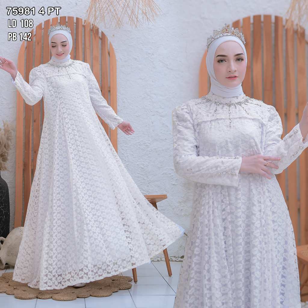 Gamis Brokat Putih Mutiara Motif Daun 75981 Baju Muslim Vima Mewah