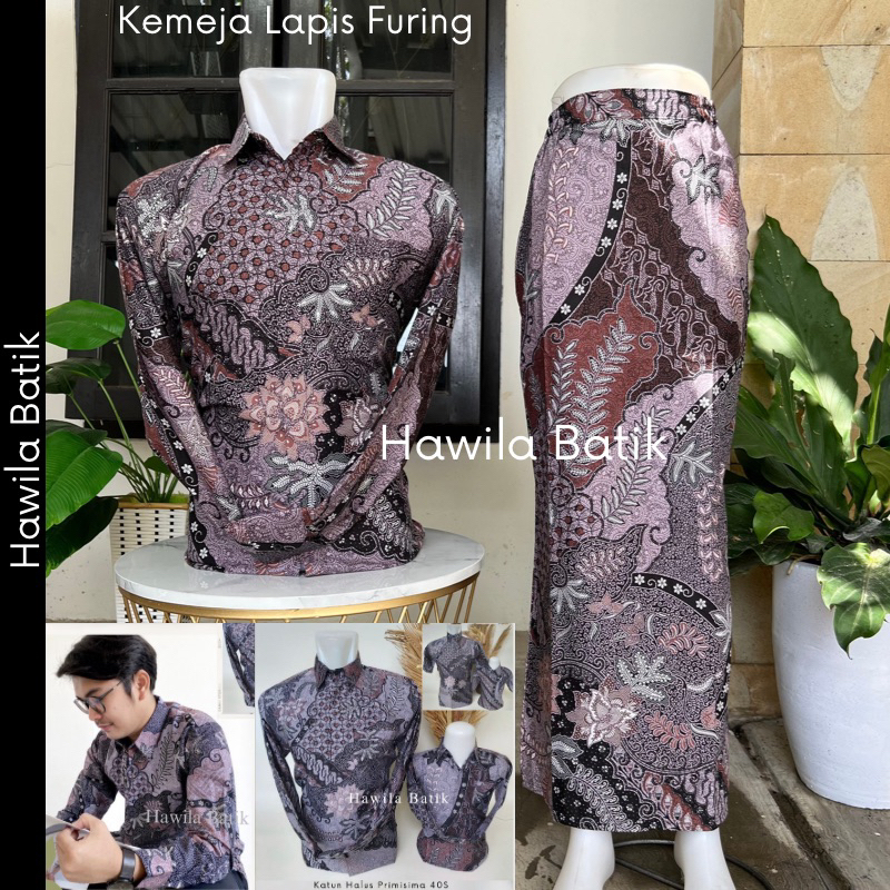Couple Rok Lilit, Rok Span dan Kemeja Batik Pria Katun Primisima 40S Warna Ungu