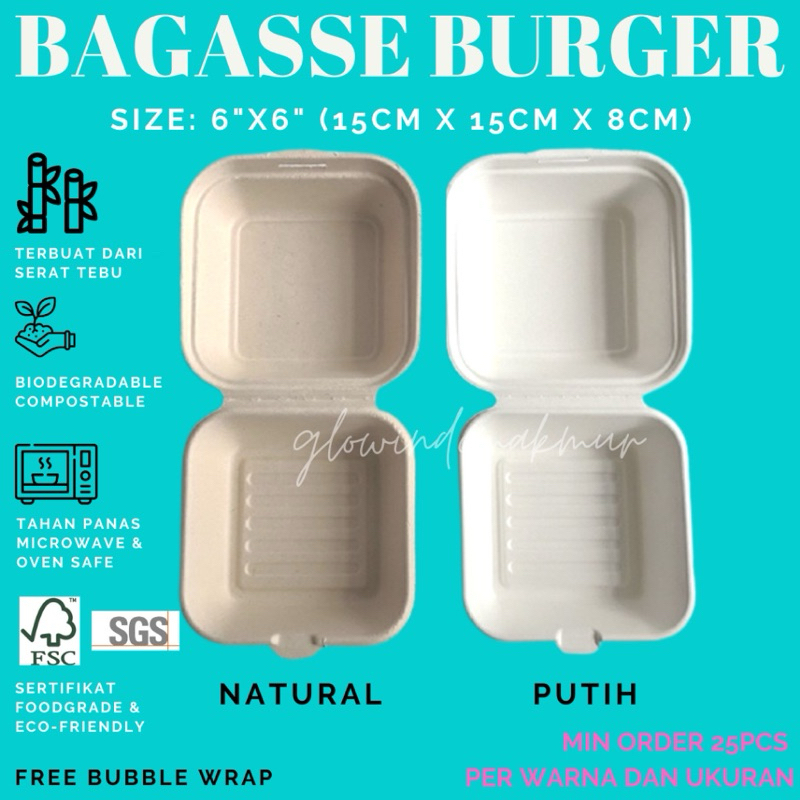 Bagasse Box Bento Cake Burger 15cm x 15cm Ginch 6" Lunchbox Small Sugarcane Serat Tebu ECO...