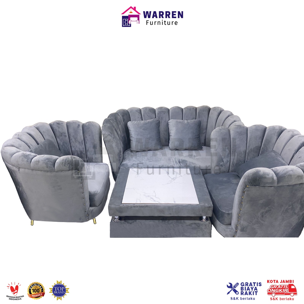 Sofa Kerang -  Kursi Meja Tamu Werna Abu-Abu - Meja Marmer - Sofa Kerang Abu-Abu dengan Meja Granit 
