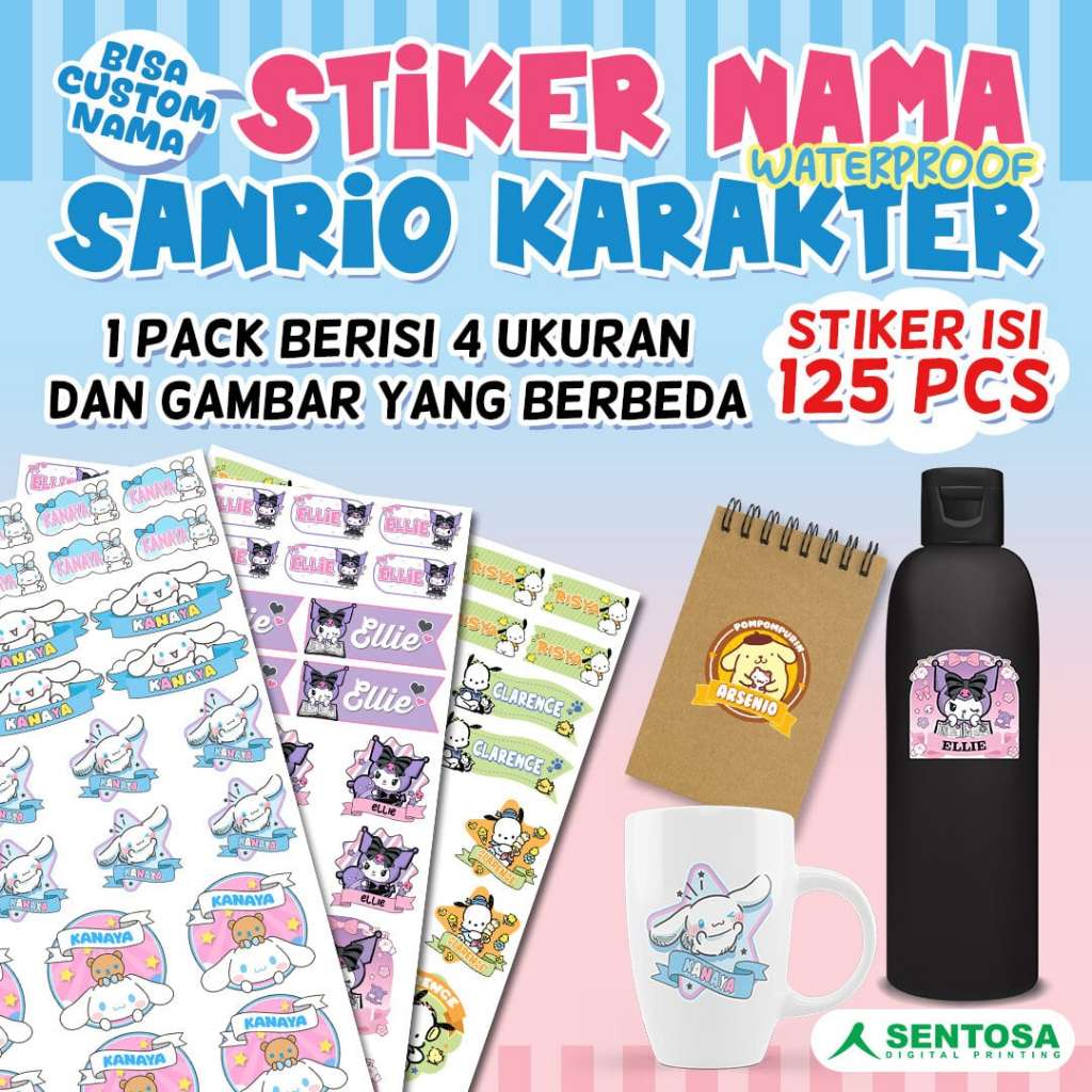 

STICKER NAMA SANRIO KARAKTER WATERPROOF (KUROMI/MYMELODY/HELLOKITTY/CINNAMOROLL/POCCHACO/POMPOMPURIN)